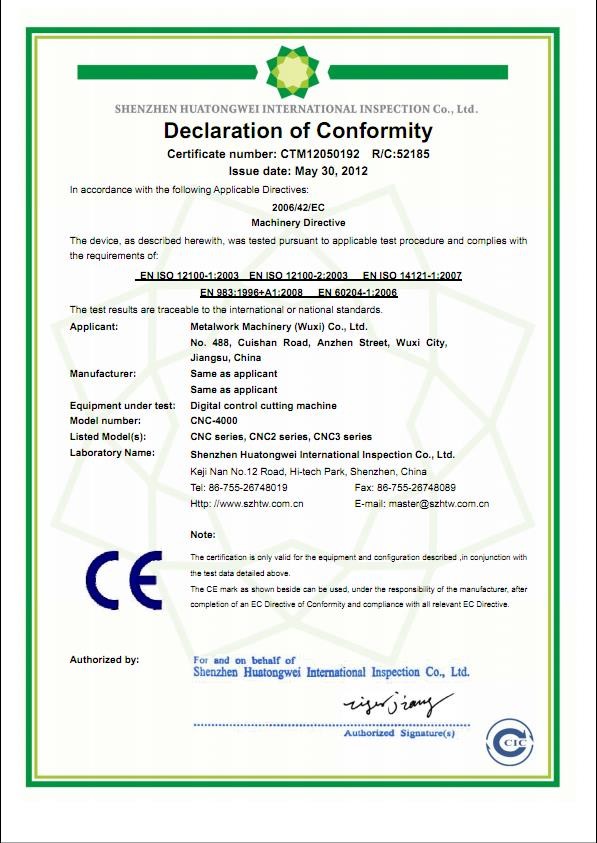 Porcellana METALWORK MACHINERY (WUXI) CO.LTD Certificazioni